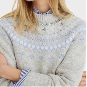 J Crew Fair Isle Sweater Grey Jewel Embellishments Sz XXS Blue Beads NWT $132